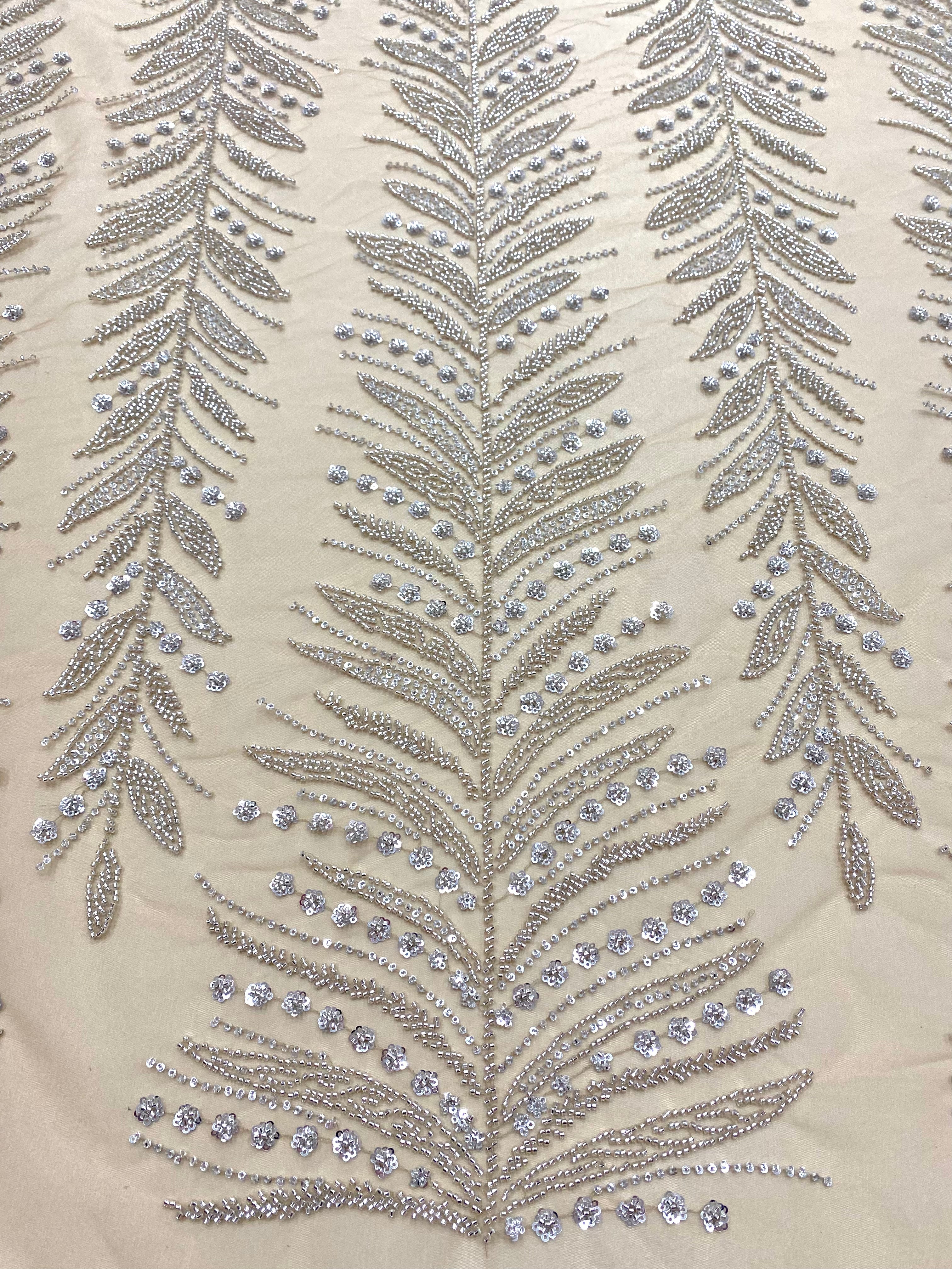 Dantela Couture Argintie cu Tulle Nude cu Crengi, cu Margele si Paiete