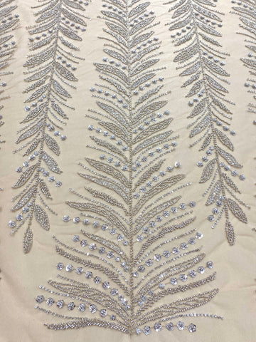 Dantela Couture Argintie cu Tulle Nude cu Crengi, cu Margele si Paiete