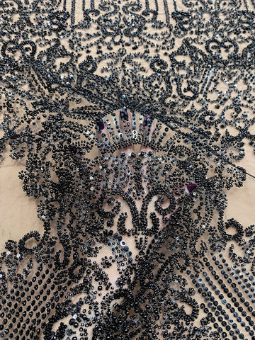 Dantela Couture Neagra cu Model Geometric, cu Perle, Margele si Paiete