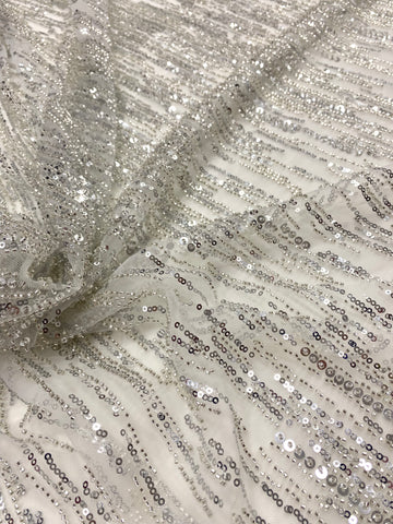 Dantela Couture Argintie pe Tulle Ivory cu Model Liniar, cu Margele si Paiete