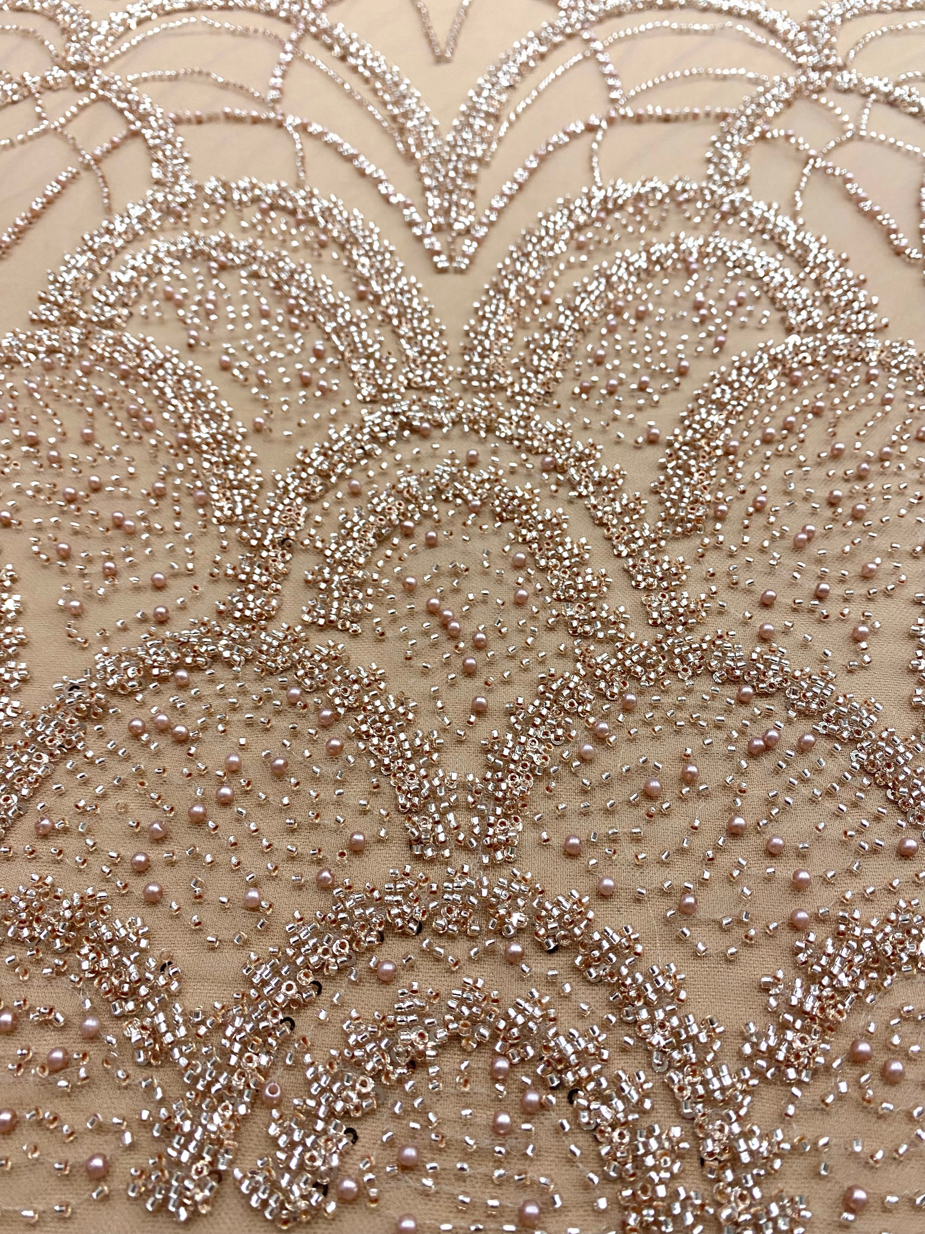 Dantela Couture Auriu Rose cu Model Geometric, cu Perle, Margele si Paiete