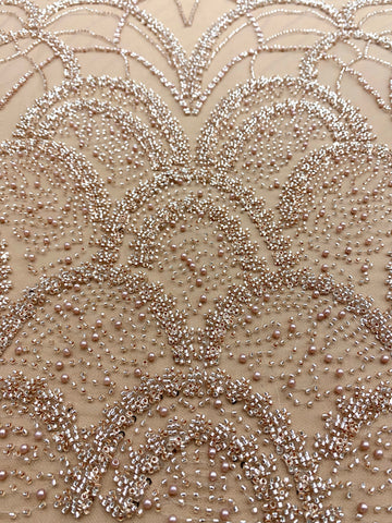 Dantela Couture Auriu Rose cu Model Geometric, cu Perle, Margele si Paiete