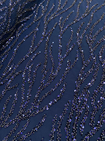 Dantela Couture Bleumarin cu Siraguri, cu Margele si Paiete