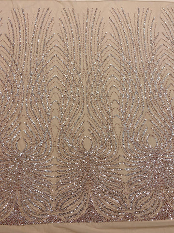 Dantela Couture Auriu Rose cu Panou, cu Perle, Margele si Paiete