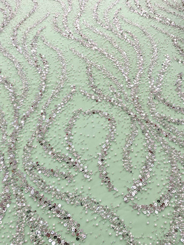 Dantela Couture Argintie pe Tulle Verde Menta cu Perle, Margele si Paiete