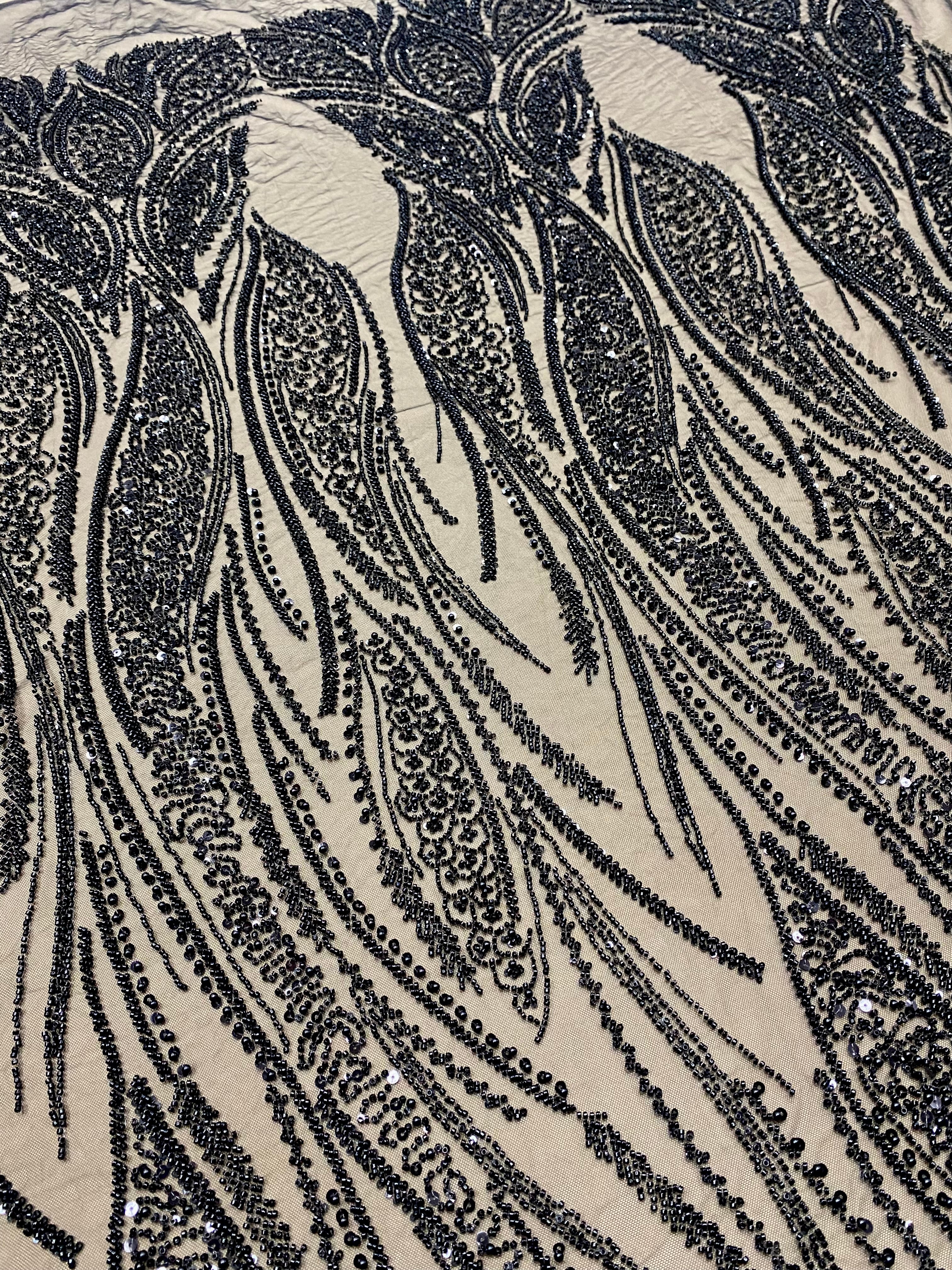 Dantela Couture Neagra cu Panou, cu Perle, Margele si Paiete