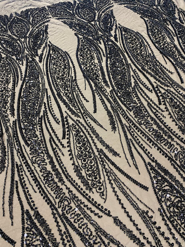 Dantela Couture Neagra cu Panou, cu Perle, Margele si Paiete