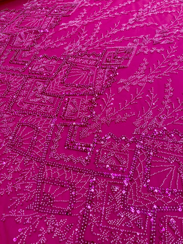 Dantela Couture Fucsia cu Model Geometric, cu Margele si Paiete