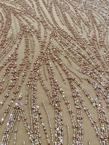 Dantela Couture Auriu Rose cu Model Liniar, cu Margele si Paiete