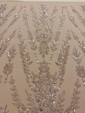 Dantela Couture Auriu Rose cu Model Simetric, cu Margele si Paiete