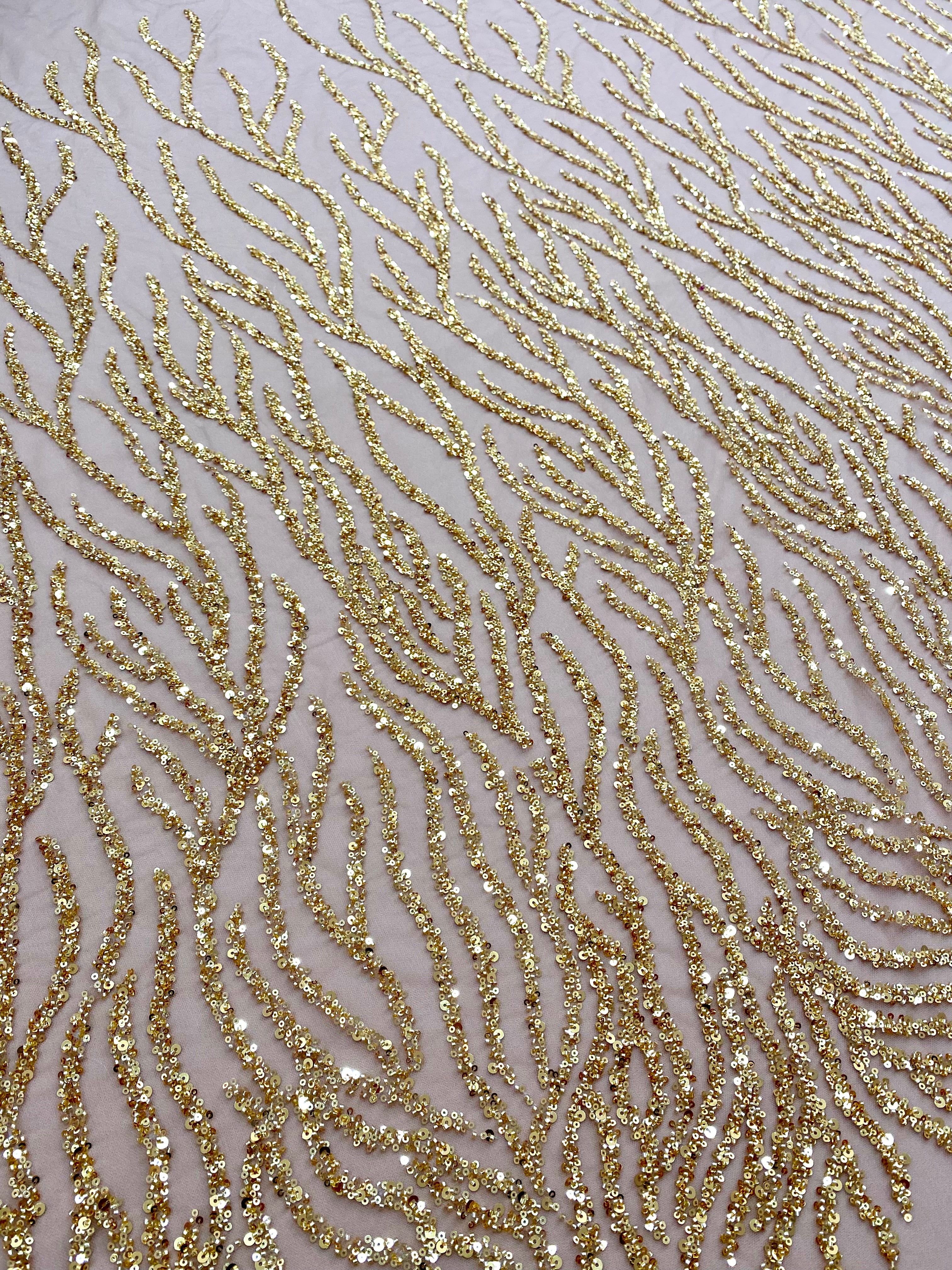 Dantela Couture Aurie cu Siraguri, cu Margele si Paiete