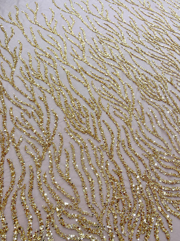 Dantela Couture Aurie cu Siraguri, cu Margele si Paiete
