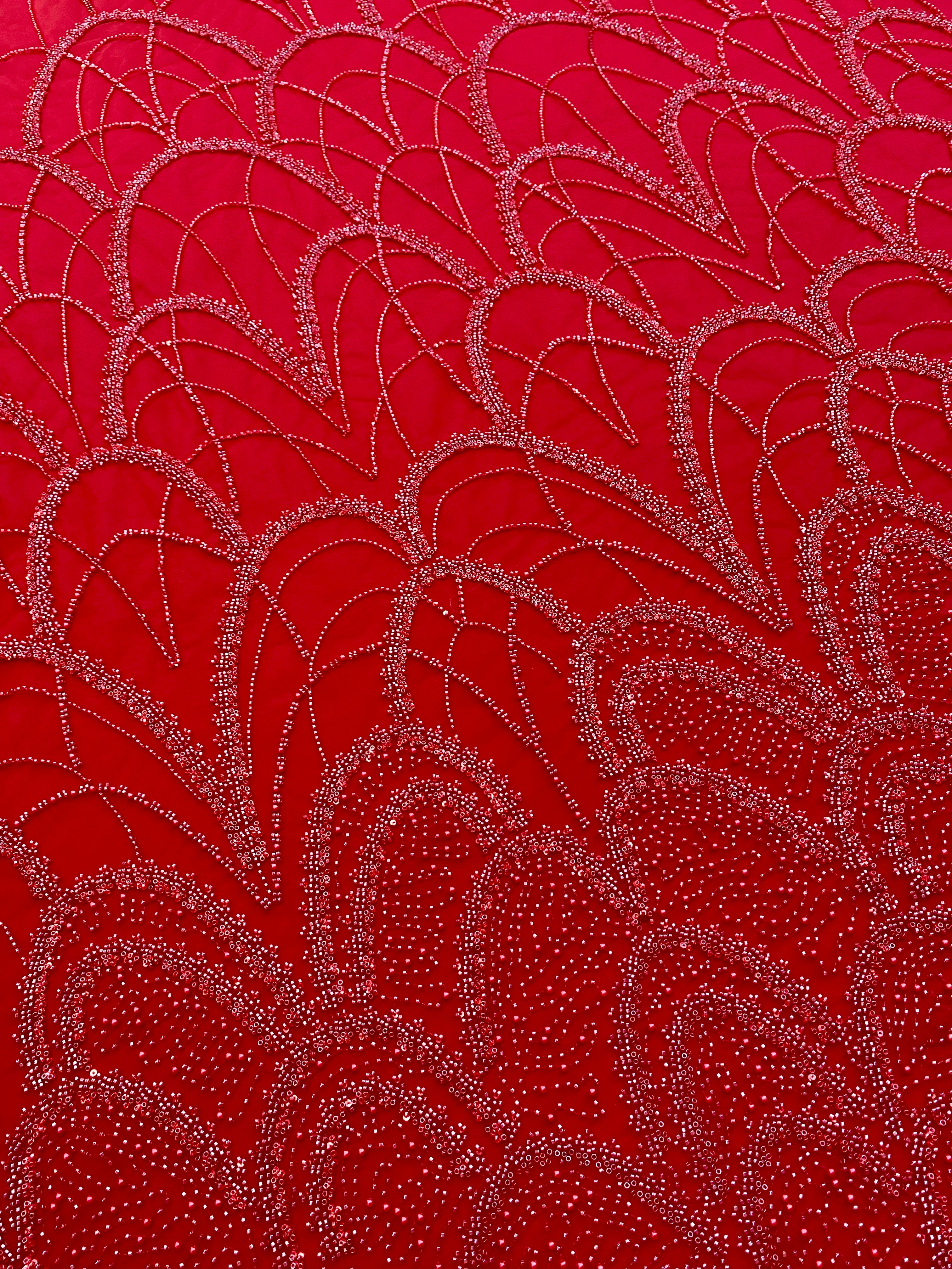 Dantela Couture Rosie cu Model Geometric, cu Perle, Margele si Paiete