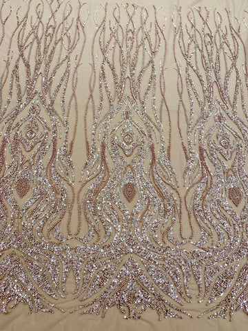 Dantela Couture Auriu Rose cu Model Geometric, cu Perle, Margele si Paiete