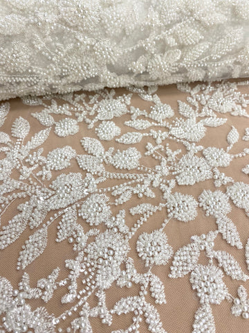 Dantela Couture Ivory cu Model Floral, Perle, Margele si Paiete