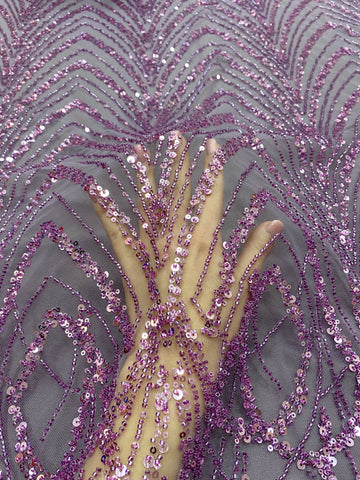 Dantela Couture Pudra cu Model Geometric cu Margele si Paiete