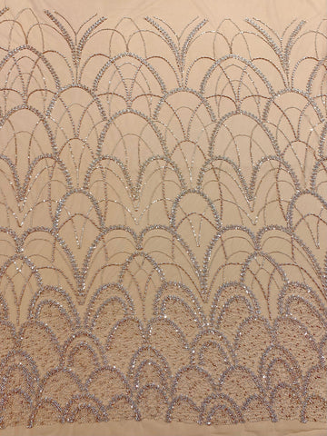 Dantela Couture Auriu Rose cu Model Geometric, cu Perle, Margele si Paiete