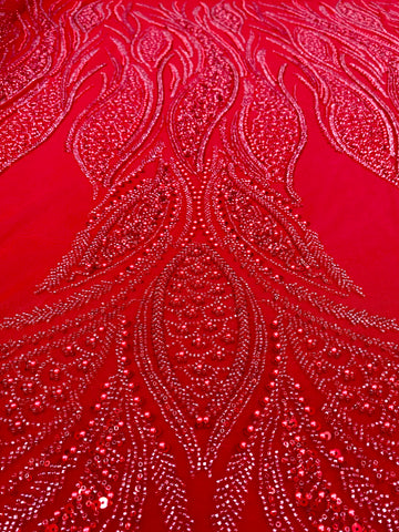 Piros Couture csipke geometriai mintával, gyöngyökkel, gyöngyöcskékkel és flitterekkel