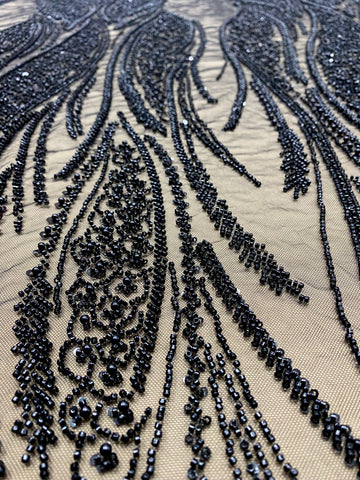 Dantela Couture Neagra cu Panou, cu Perle, Margele si Paiete