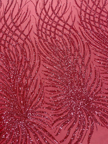 Dantela Couture Roz Coral cu Siraguri, cu Margele si Paiete