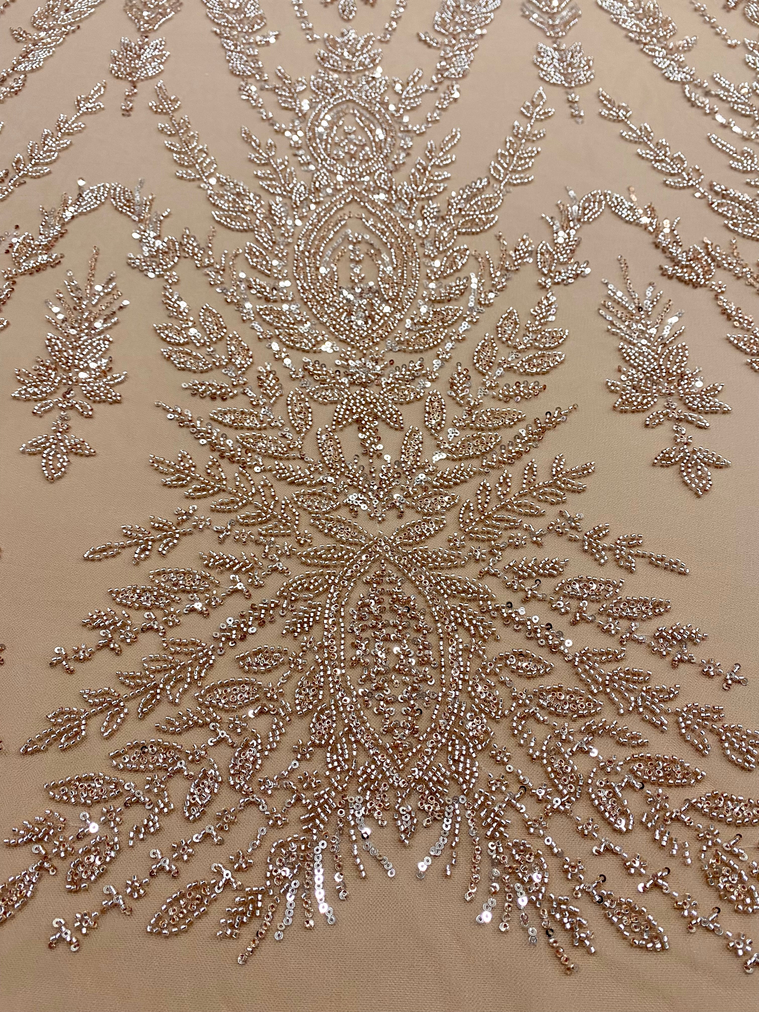 Dantela Couture Auriu Rose cu Model Simetric, cu Margele si Paiete