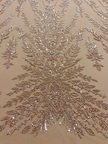 Dantela Couture Auriu Rose cu Model Simetric, cu Margele si Paiete