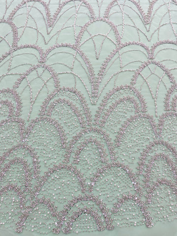 Dantela Couture Argintie pe Tulle Verde Menta cu Model Geometric, cu Perle, Margele si Paiete