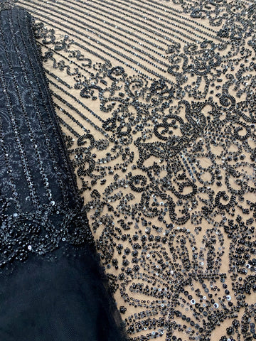Dantela Couture Neagra cu Model Geometric, cu Perle, Margele si Paiete