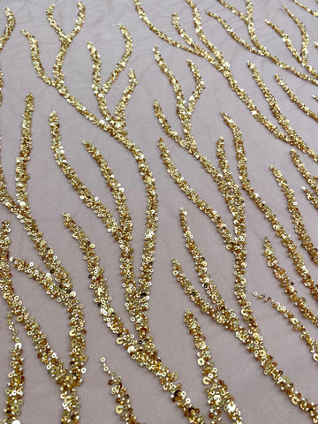 Dantela Couture Aurie cu Siraguri, cu Margele si Paiete