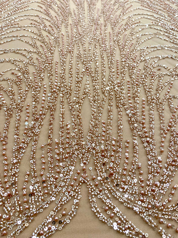 Dantela Couture Auriu Rose cu Model Liniar, cu Margele si Paiete