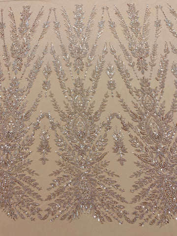 Dantela Couture Auriu Rose cu Model Simetric, cu Margele si Paiete