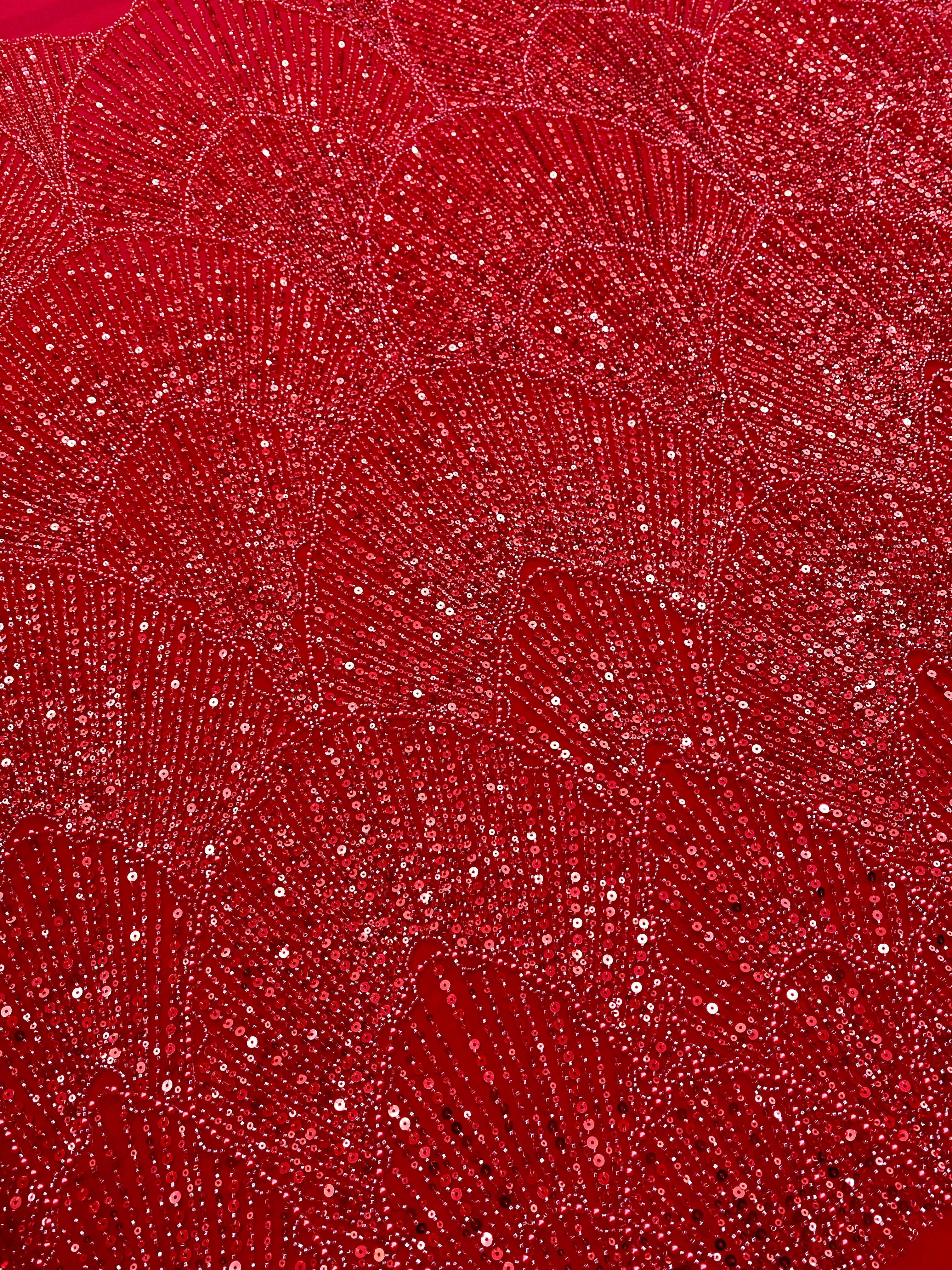 Piros Couture csipke geometriai mintával, gyöngyökkel, gyöngyöcskékkel és flitterekkel