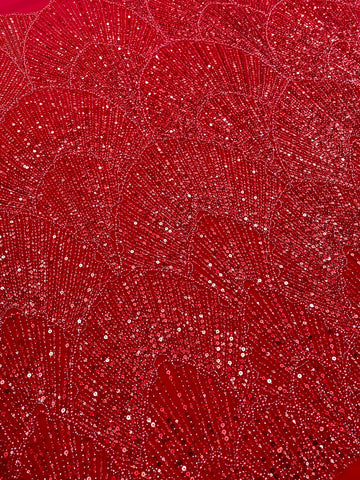 Piros Couture csipke geometriai mintával, gyöngyökkel, gyöngyöcskékkel és flitterekkel