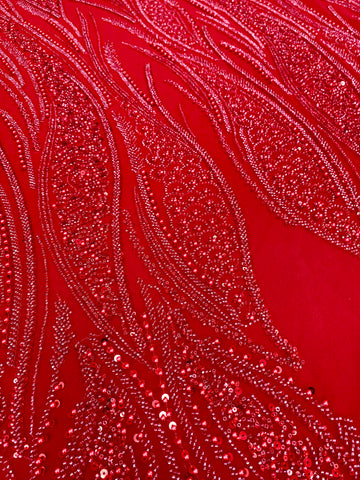 Piros Couture csipke geometriai mintával, gyöngyökkel, gyöngyöcskékkel és flitterekkel