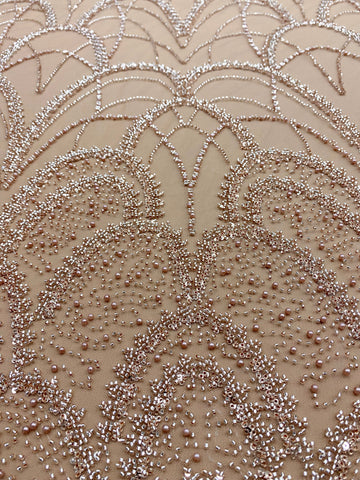 Dantela Couture Auriu Rose cu Model Geometric, cu Perle, Margele si Paiete