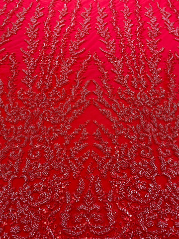 Piros Couture csipke geometriai mintával, gyöngyökkel, gyöngyöcskékkel és flitterekkel