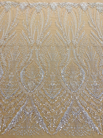 Dantela Couture Argintie pe Tulle Nude cu Model Geometric, cu Perle, Margele si Paiete