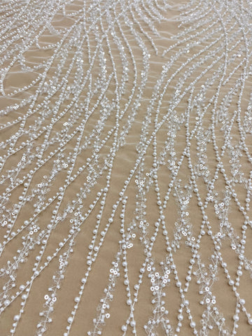 Dantela Couture Ivory cu Panou, cu Perle, Margele si Paiete