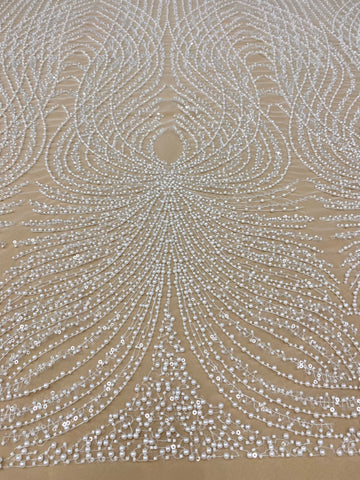 Dantela Couture Ivory cu Panou, cu Perle, Margele si Paiete