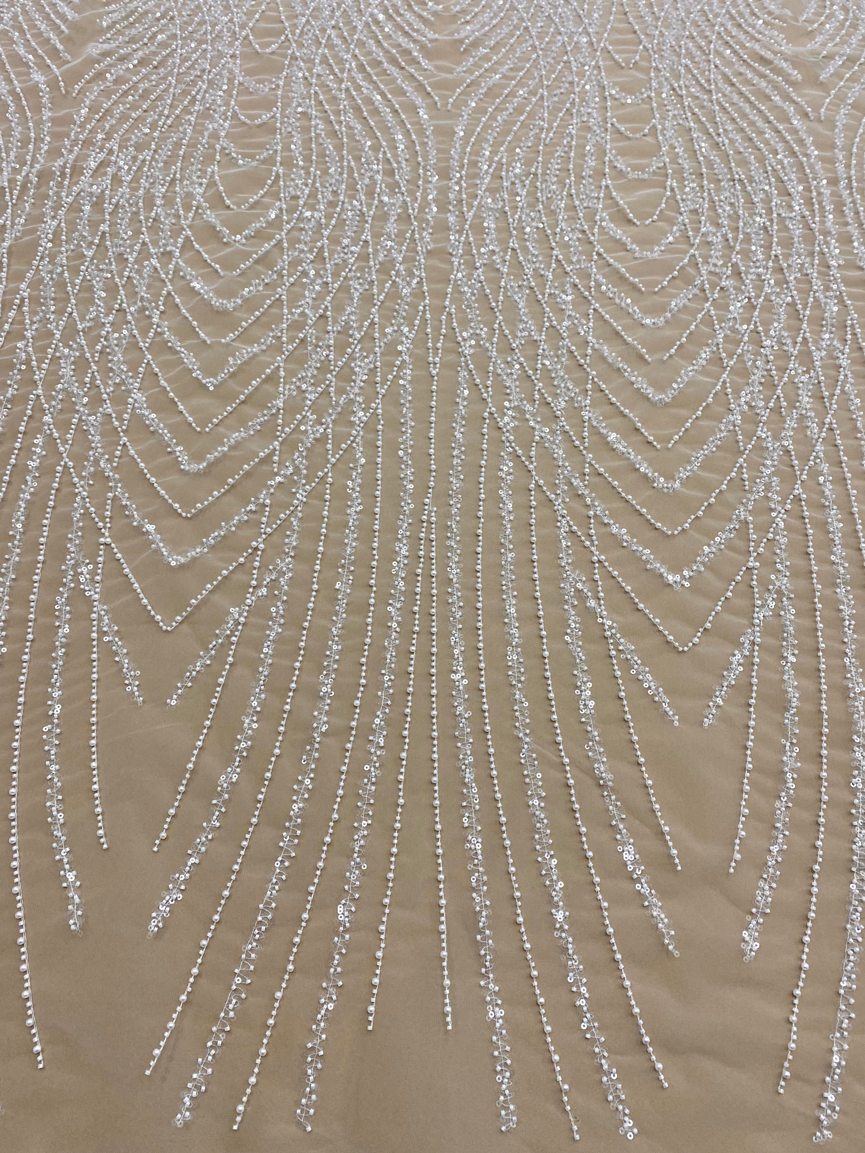 Dantela Couture Ivory cu Panou, cu Perle, Margele si Paiete