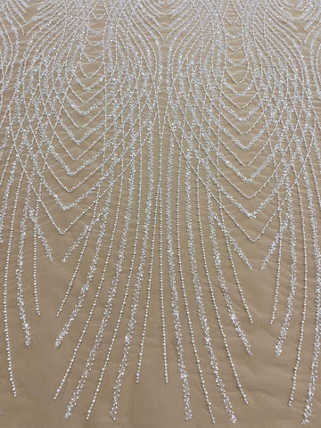 Dantela Couture Ivory cu Panou, cu Perle, Margele si Paiete