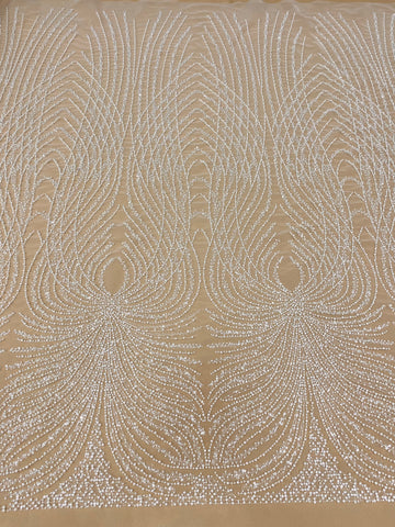 Dantela Couture Ivory cu Panou, cu Perle, Margele si Paiete
