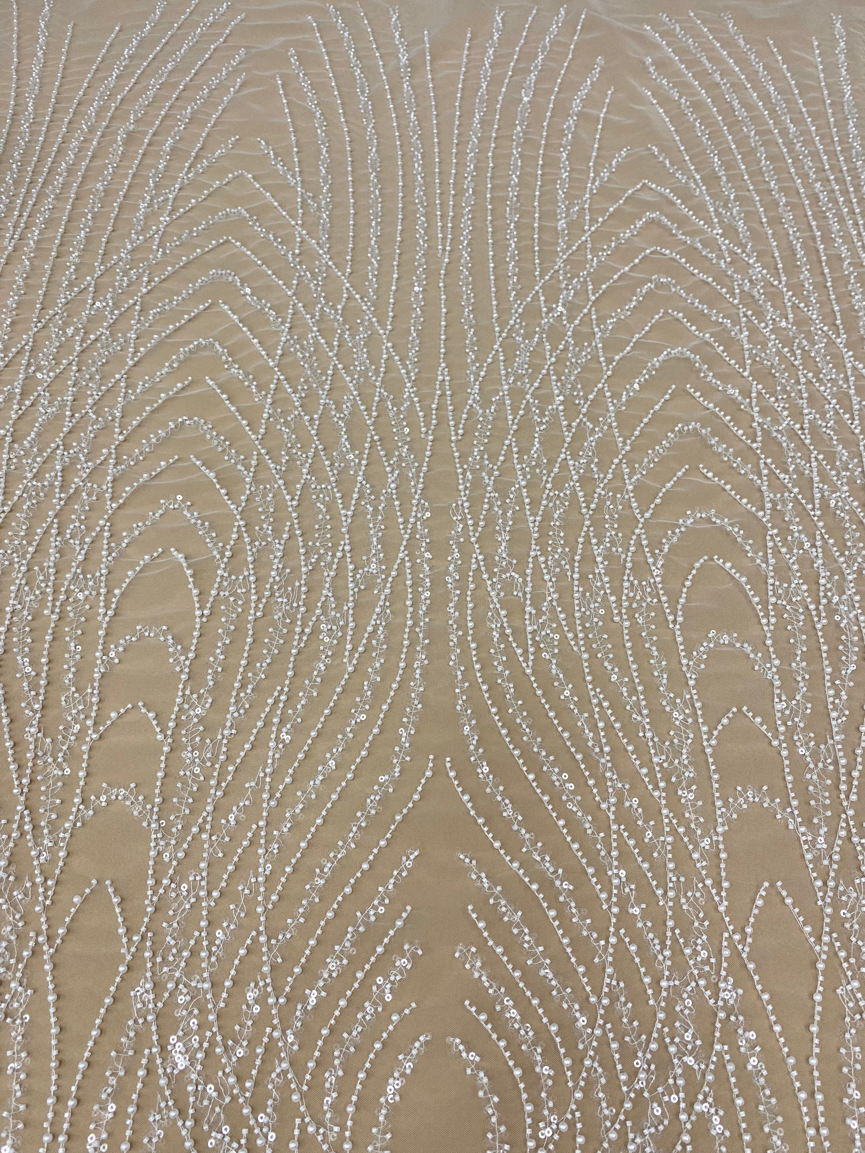 Dantela Couture Ivory cu Panou, cu Perle, Margele si Paiete