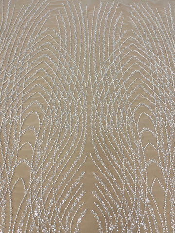 Dantela Couture Ivory cu Panou, cu Perle, Margele si Paiete