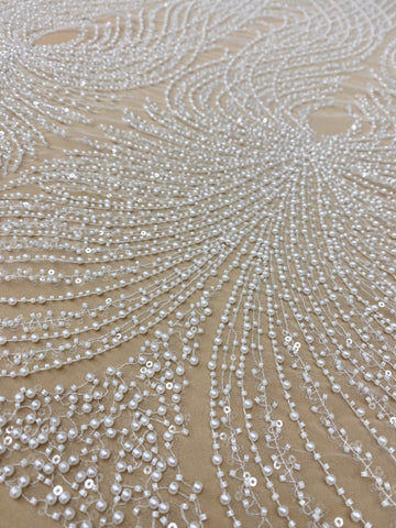 Dantela Couture Ivory cu Panou, cu Perle, Margele si Paiete