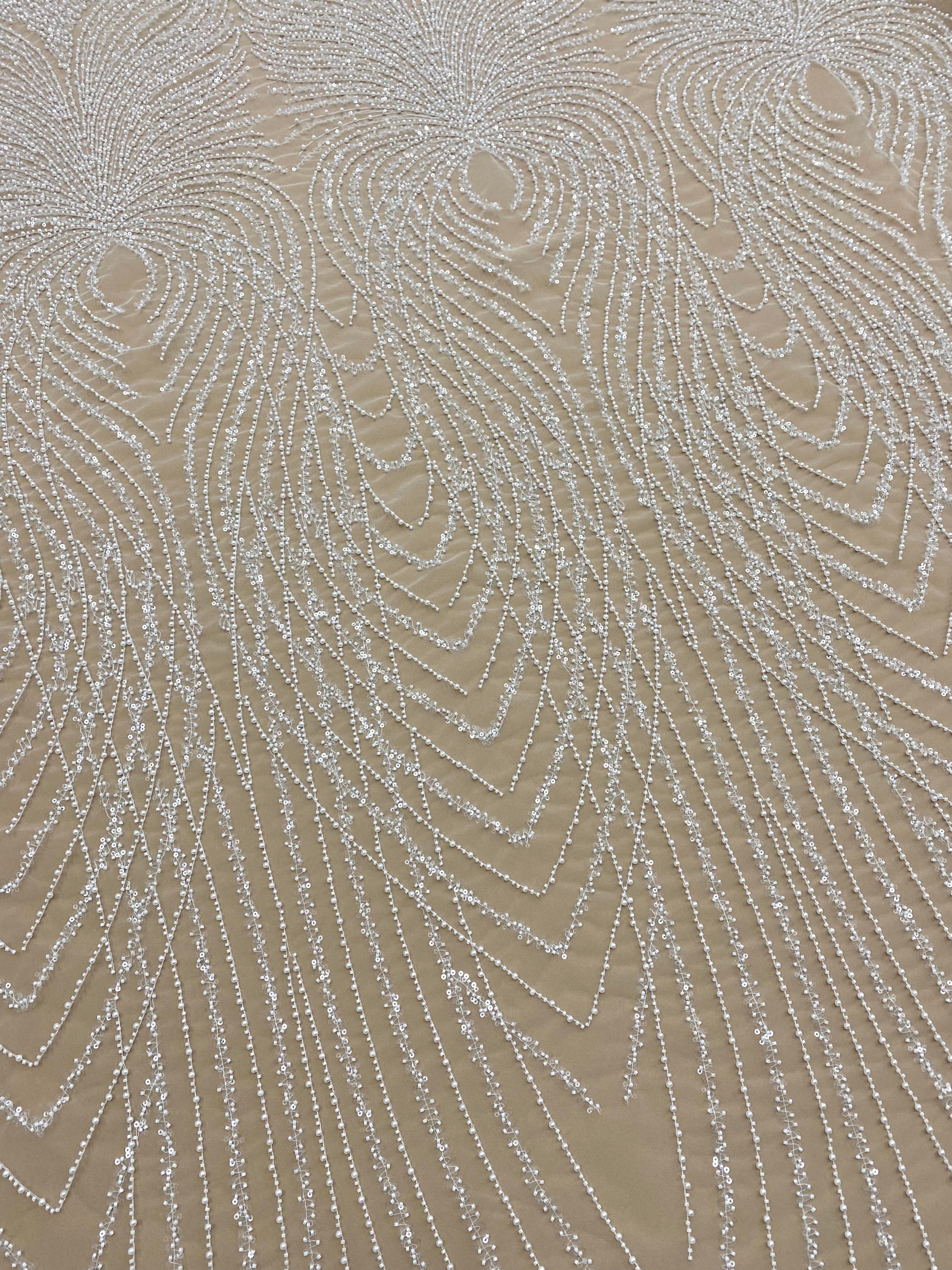 Dantela Couture Ivory cu Panou, cu Perle, Margele si Paiete