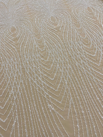Dantela Couture Ivory cu Panou, cu Perle, Margele si Paiete