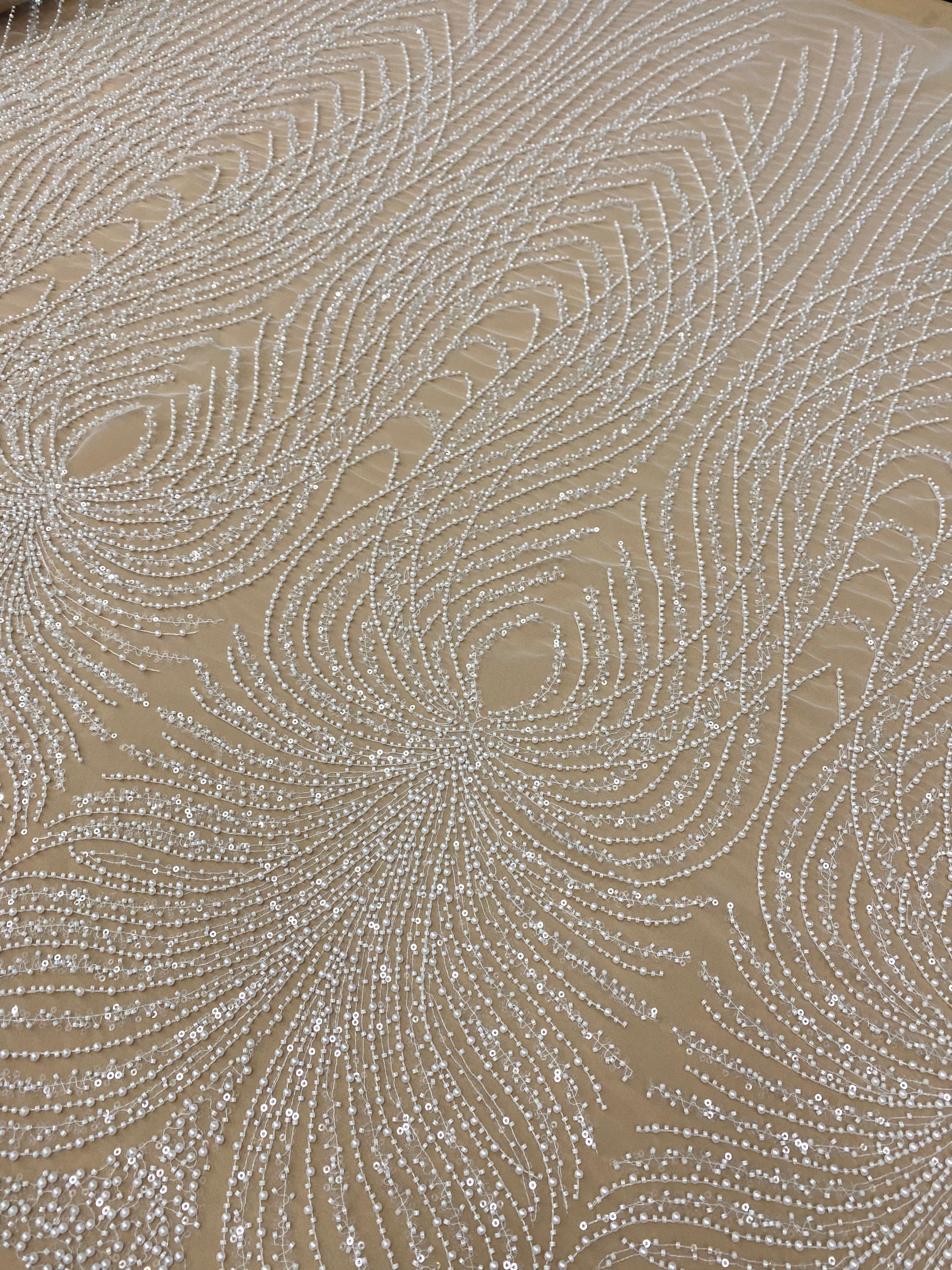 Dantela Couture Ivory cu Panou, cu Perle, Margele si Paiete