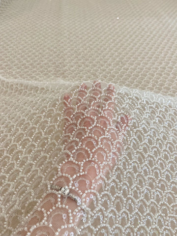 Dantela Ivory cu Model Geometric, cu Perle si Paiete