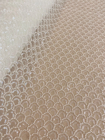 Dantela Ivory cu Model Geometric, cu Perle si Paiete